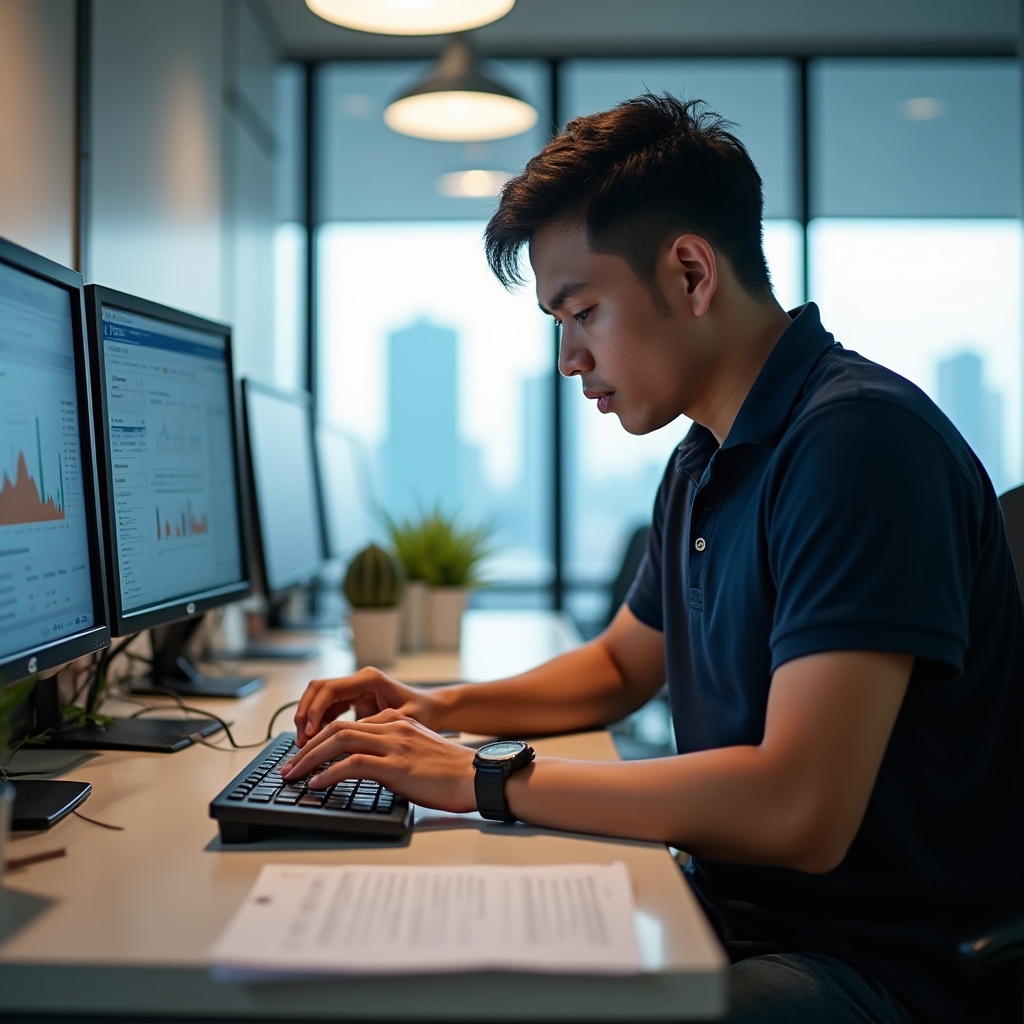 Young Filipino BPO professional reviewing financial documents at a modern workstation with city view