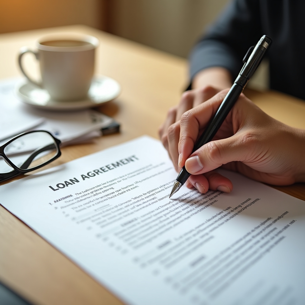 Close-up of hands reviewing financial agreement documents with a pen and reading glasses on a wooden desk