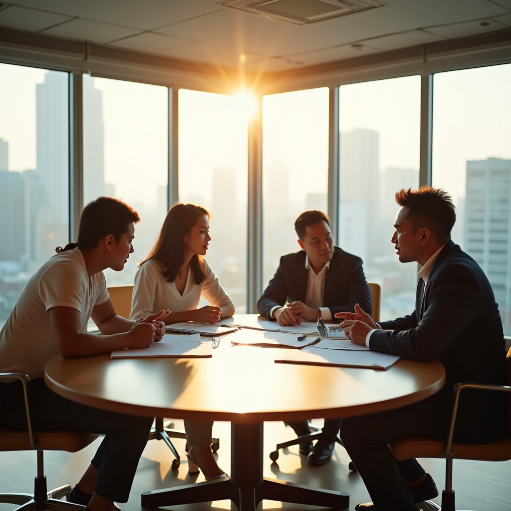 PureOrbit team members collaborating around a table with financial documents and laptops in a bright modern office
